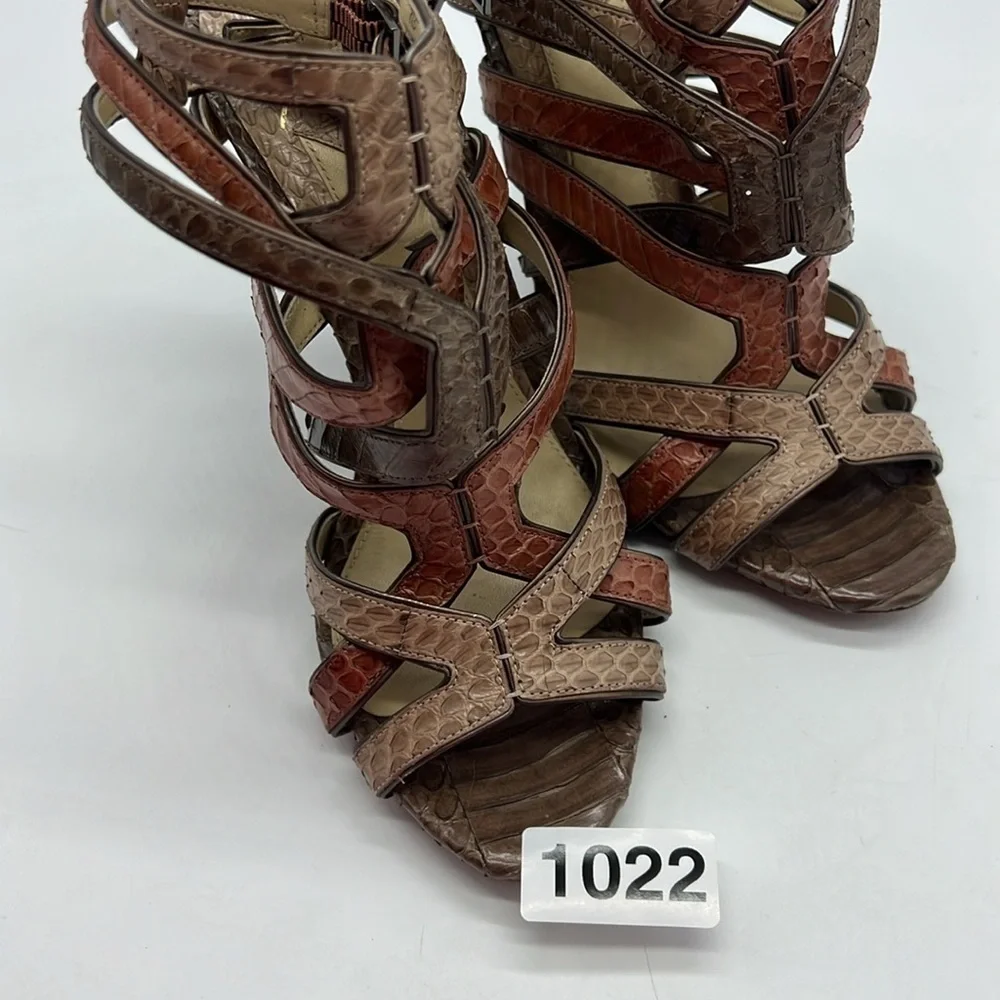 Brian Atwood Women US 7 EU 37 brown snakeskin strappy heeled sandals side buckle